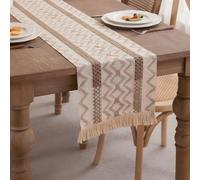 Clothfuna Boho Linen Table Runner, Long Coffee Table Runner for Dining Table, Cream Sideboard Cover, Wave Stripe Pattern with Macrame for Spring Party Wedding Dresser, 30x300 cm/ 12x118 inch