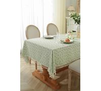 Clothfuna Floral Print Tablecloth, Square Cotton Striped Table Cloth, Jacquard Country Spring Summer Table Cover with Tassels for Party Outdoor Birthday (Green, 60x60 cm/ 24x24 Inch)