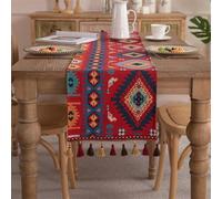 Clothfuna Geometric Autumn Jacquard Table Runner, Vintage Boho Table Runner, Red and Blue Cotton Blend with Tassels for Dining Table Party Holiday Outdoor, 33x140 cm/ 13x55 inch