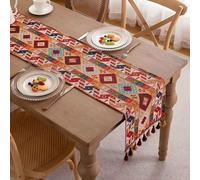 Clothfuna Geometric Jacquard Table Runner, Vintage Boho Table Runner, Orange Diamond Cotton Blend with Tassels for Dining Table Party Holiday Outdoor, 33x200 cm/ 13x79 inch