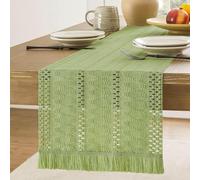 Clothfuna Green Dining Table Runner, Boho Linen Table Runner Rustic for Coffee Table Spring Sideboard Dressing Table Decor, 30x160 cm/ 12x63 inch