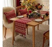 Clothfuna Red Christmas Deer Xmas Cotton Linen Table Runner for Tea Coffee Kitchen Dining Table Decoration Party Holiday, 33x220 cm/ 13x87 inch