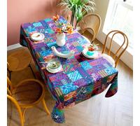 Clothfuna Square Bohemian Ethnic Table Cloth, Boho Patchwork Tartan Tablecloth, Indian Floral Gingham Table Cover Blue Purple for Kitchen Dining Table Party (47x47 Inch)