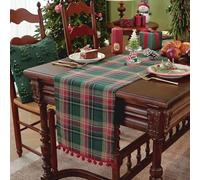 Clothfuna Tartan Christmas Table Runner, Green Checkered Table Runner for Dining Table, Xmas Gingham Plaid Tablecloth with Red Ball Tassels for Festival Party Wedding Home Decor, 33x140 cm/ 13x55 inch