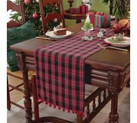 Clothfuna Tartan Christmas Table Runner, Red Checkered Table Runner for Dining Table, Xmas Table Cloth with Red Ball Tassels for Festival Party Wedding Home Decor, 33x300 cm/ 13x118 inch