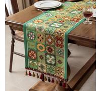 Clothfuna Vintage Boho Ethnic Table Runner, Colorful Moroccan Mandala Table Runner with Tassels, Geometric Gingham Patchwork Style for Dining Table Sideboard Decor, 35x160 cm/ 14x63 inch, Green