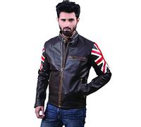 Clothi Men Biker Vintage Union Jack Brown Leather Jacket (Large, l)