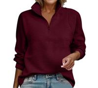 Clothing, UK Ladies’ Half Zip Jumper Ribbed Texture Long Sleeve High Collar Comfy Pullover Wine S