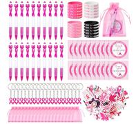 clothmile 101 Pcs Breast Cancer Awareness Gifts Include 20 Pink Ribbon Retractable Pens 20 Pink Silicone Bracelets 20 Ribbon Keychains 20 Cancer Awareness Card 1 Sticker 20 Saran Bags