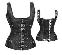 ClothoHub New Women Top Real Black Leather Sexy Body Shaper Waist Trainer Halloween Fullbust Corset C1216L (M)
