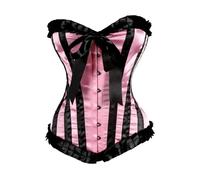 ClothoHub Victorian Satin Overbust Corset, Pink and Black Striped, Steel Boned Bustier with Bow (UK, Alpha, S, Regular, Regular, Pink)