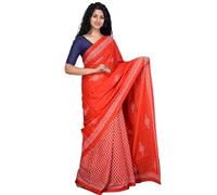 Clothonus Handicrafts Women's Ikat Hand Block Print Jaipuri Cotton Mulmul Saree with Blouse Piece, Orange, One Size