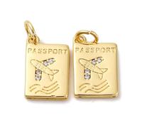 Clotiry 10Pcs Brass Cubic Zirconia Passport Pendants Golden Airplane Pattern Travel Theme Dangle Charms for Jewellery Necklace Bracelet Making