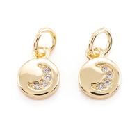 Clotiry 10Pcs Flat Round with Moon Cubic Zirconia Pendants Brass Golden Color Celestial Moon Charms for DIY Necklace Bracelet Jewelry Making