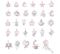 Clotiry 30Pcs Mixed Style Pink Rhinestone Celestial Theme Charms Resin Ocean Theme Sea Shell Dangle Charms for DIY Jewelry Making Supplies