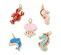 Clotiry 5Pcs Brass Enamel Ocean Theme Charms Marine Life Sea Animal Pendants for Jewelry Making Necklace Earring