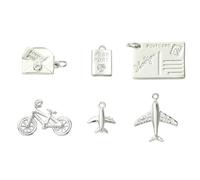 Clotiry 6Pcs Travel Theme Cubic Zirconia Pendant Sets Silver Colour Airplane Bicycle Postcard Charms for Necklaces Bracelets Jewellery Making