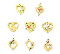 Clotiry 8Pcs 8 Styles Stainless Steel Heart with Enamel Flower Pattern Pendants Golden Cubic Zirconia Love Heart Charms for DIY Jewellery Making Crafts