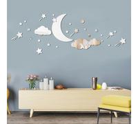 Cloud Moon and Stars Mirror Wall Stickers, Removable Acrylic Stars Wall Mirror Stickers Decals, 3D Moon Star Art Wall Decoration for Baby Kid Bedroom Living Room Ceiling (Silver)