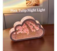 Cloud Tulip Night Light, Infinite Mirror LED Table Lamp with Handmade Tulip Decor for Bedroom Kids Girls Gift for Christmas Mother's Day (Pink)
