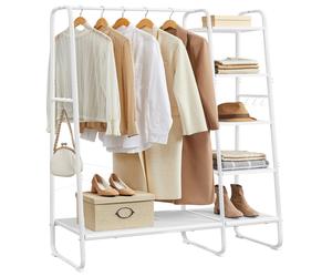 (Cloud White, Matte White) Clothes Rail, Clothes Rack with Shoe Shelf, 5-Tier Storage Rack, 6 Side Hooks