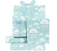 Cloud with Rainbow Rain Baby Wrapping Paper, Hello Little One Gift Wrap Paper 4 Sheets with Ribbon for Kids Boys Girls, Light Green Folded Flat Sheet for Newborn Baby Shower Birthday Kindergarten