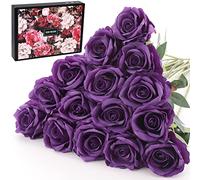 Cloudecor 15Pcs Artificial Roses Velet Real Touch Single Stem Fake Roses Silk Realistic Bouquet Flowers Arrangements Home Office Party Wedding Decoration (Round Roses - Pure Purple 15p)