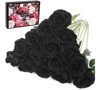 Cloudecor 15Pcs Fake Roses Velet Rose Long Stem Artificial Flowers Silk Flowers for Home Wedding Decoration (Round Roses，Black)