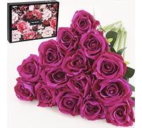 Cloudecor 15Pcs Fake Roses Velet Rose Long Stem Artificial Flowers Silk Flowers for Home Wedding Decoration (Round Roses，Purple)