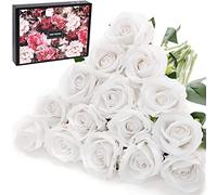 Cloudecor 15Pcs Fake Roses Velet Roses Long Stem Artificial Flowers Silk Flowers for Home Wedding Decoration (Round Roses，Pure White)