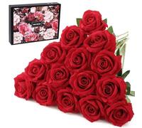 Cloudecor 15Pcs Fake Roses Velet Roses Long Stem Artificial Flowers Silk Flowers for Home Wedding Decoration (Round Roses，Red)