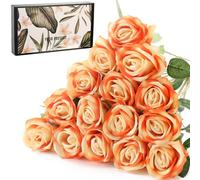Cloudecor 15Pcs Small Fake Roses Velet Rose Long Stem Artificial Flowers Silk Flowers for Home Wedding Decoration (Pearl Roses,Sunset)