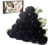 Cloudecor 15Pcs Small Fake Roses Velet Roses Long Stem Artificial Flowers Silk Flowers for Home Wedding Decoration (Pearl Roses,Black)
