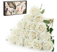Cloudecor 15Pcs Small Fake Roses Velet Roses Long Stem Artificial Flowers Silk Flowers for Home Wedding Decoration (Pearl Roses,White)