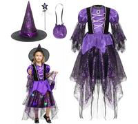Cloudkids Light Up Witch Costumes for Girls Kids Witch Costume Halloween Witches Outfits Cosplay Party Fancy Dress with Accessories