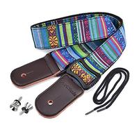 CloudMusic High Quality Adjustable Hootenanny Style Ukulele Strap Hard Wearing Cotton and Genuine Leather Easy Screw End Pin and Lace Tie 132cm x 4cm Vintage Bohemian Design Blue
