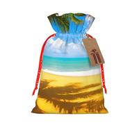 clouds and palm trees beaches Printed Christmas Drawstring Bags with Red Christmas Ribbon - Reusable Burlap Drawstring Gift Pouches, M
