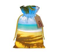 clouds and palm trees beaches Printed Christmas Drawstring Bags with Yellow Christmas Ribbon - Reusable Burlap Drawstring Gift Pouches, S