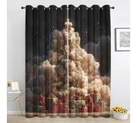 Clouds Christmas Tree Blackout Curtains for Bedroom, Starry Xmas Short Curtain 54 Inch Drop 2 Panels, Fantasy Curtain for Living Room, Window Curtains with Eyelet