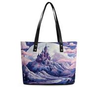 Clouds over The Castle Tote Bag Large Soft Leather Purse with Zipper Lightweight Ladies Shoulder Handbag