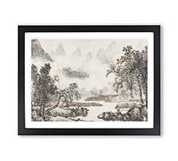 Clouds Over The River By Shen Zhou Asian Japanese Framed Print | A2 Black Framed Wall Art | Ready to Hang | Asian Landscape Picture | Living Room Bedroom Lounge Office