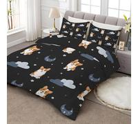 Clouds Small Double Duvet Set with 2 Pillowcases Coverless Duvet with Cartoon Corgi Washable Reversible All Seasons Lightweight Warm Microfibre - 150 x 22cm sc585