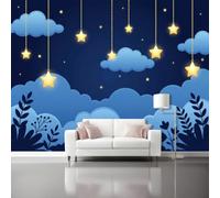 Clouds Stars Dreamy Wallpaper for Living Room, 300 x 210 cm | Blue House Decorative Mural with Plant Silhouettes Cartoon Pattern, Light resistance Tear-resistant Non-woven Wallpaper