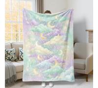 Clouds Throw Blanket, Dreamy Fanciful Moon Stars None Mint Green Fleece Blankets Soft Cozy Decorative for Couch Sofa Bed Office Desk Living Room 60x80 Inch