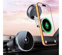 CloudValley 15W for MagSafe Car Mount Charger with Vacuum Suction Cup, [Rapid Wireless Charging with RGB Light] 360°Rotating Removable Magnetic Phone Holder for iPhone 17/16/15/Dash/Windshield/Screen
