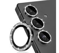 CloudValley for S26 Camera Lens Protector Bling, 9H Tempered Glass + Aluminum Alloy Lens Protective Ring [Glitter Decoration] Ultra-HD Tempered Glass Cover, Glitter Black