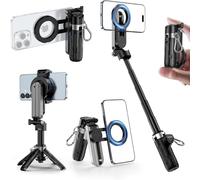 CloudValley Magnetic Mini Selfie Stick Tripod, 4-in-1 Pocket Size Phone Tripod with 360° Rotation, Detachable Bluetooth Remote, Foldable Handle Grip, Compatible with iPhone/Android for Vlog/Photo