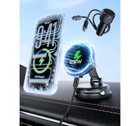 CloudValley Qi2.2 25W Wireless Car Charger Mount, Magnetic Car Phone Holder with Cooling Fan & 45W Adapter, 360° Rotating Vacuum Suction Mount, Fast Charging Compatible with MagSafe iPhone 17/16/15/14