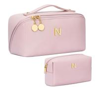 CLOUDWINGS Birthday Gifts for Women Teen Girl, Personalized Initial Makeup Organizer Bag Set, Open Flat Travel Cosmetic Bag With Clear Divider and Handle, Pink, N