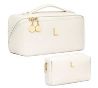 CLOUDWINGS Birthday Gifts for Women Teen Girl, Personalized Initial Makeup Organizer Bag Set, Open Flat Travel Cosmetic Bag With Clear Divider and Handle, Beige